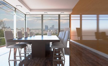 Ahşap masa konferans salonu. 3D render.