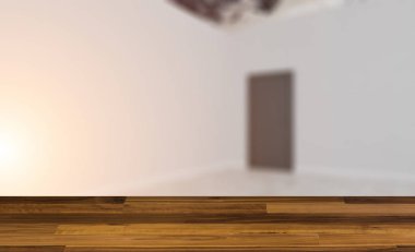 boş ahşap masa. Döşeme. Boş oda. Mockup... Modern toplantı odası. 3D render... Günbatımı