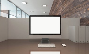 Açık alan ofis iç konferans odası gibi. Mockup. 3D render.