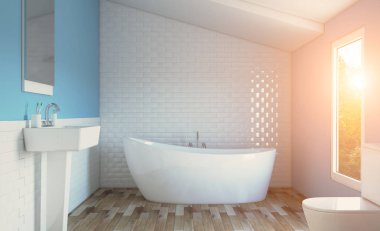 Geniş banyo, temiz, güzel, lüks, parlak oda. 3D render. Günbatımı