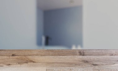 boş ahşap masa. Döşeme. İskandinav banyo, Klasik vintage iç tasarım. 3D render.