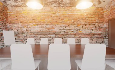 Tuğla duvar. Açık alan ofis iç konferans odası gibi. Mockup. 3D render.