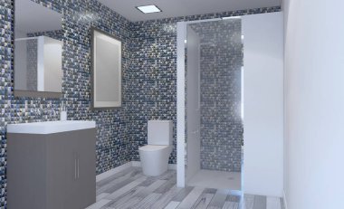 Modern banyo banyo ve lavabo dahil olmak üzere. 3D render. Boş resim sergisi