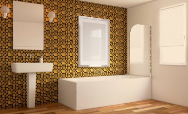 Modern banyo banyo ve lavabo dahil olmak üzere. 3D render. Boş resim sergisi.