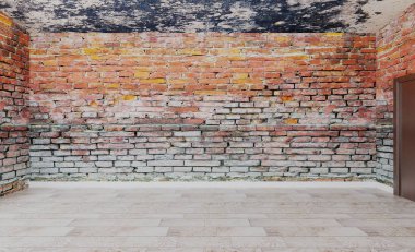 Tuğla duvar boş oda. Mockup. Modern ofis dolabı. 3D render.