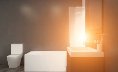 Geniş banyo ısıtmalı, duran küvet ile gri tonlarında. 3D render. Güneş