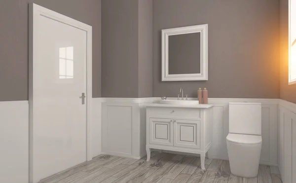 Spacious bathroom in gray tones with heated floors, freestanding tub. 3D rendering. Sunset