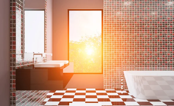 Ruime Badkamer Grijstinten Met Vloerverwarming Vrijstaande Bad Rendering Zonsondergang — Stockfoto