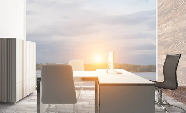 Conference room with wooden table. 3D rendering. Sunset