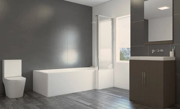 加熱された床 自立浴槽と灰色のトーンで広々としたバスルーム 3Dレンダリング — ストック写真