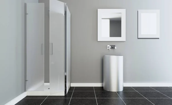 Baño Independiente Con Toallas Baño Moderno Gris Representación Imagen Vacía — Foto de Stock