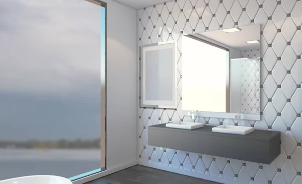 灰色のトーンで床暖房 独立した浴槽付きの広々 としたバスルーム レンダリング 空の絵画 — ストック写真