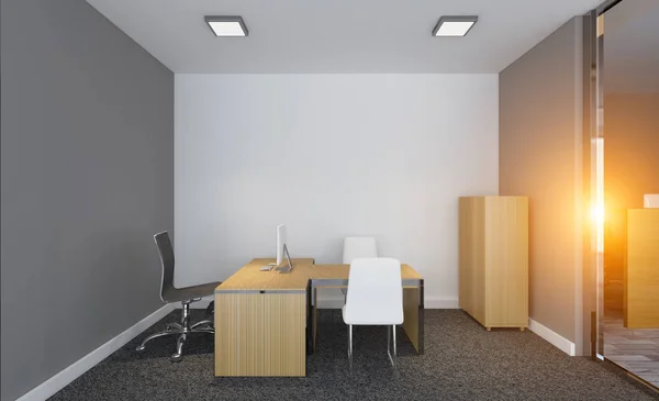 Vista Frontal Interior Oficina Con Una Fila Mesas Madera Oscura — Foto de Stock