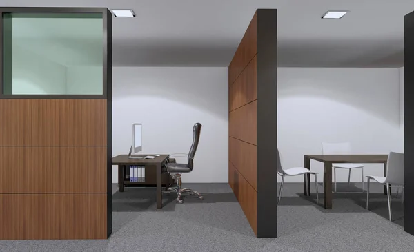 Vista Frontal Interior Oficina Con Una Fila Mesas Madera Oscura —  Fotos de Stock