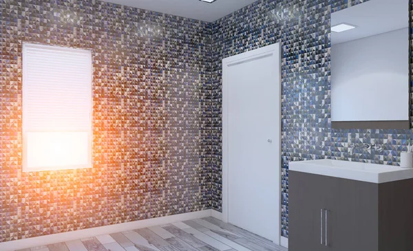 Scandinavian bathroom, classic  vintage interior design. 3D rendering. Sunset.