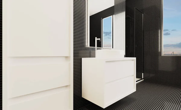 Moderne Badkamer Met Groot Raam Rendering — Stockfoto
