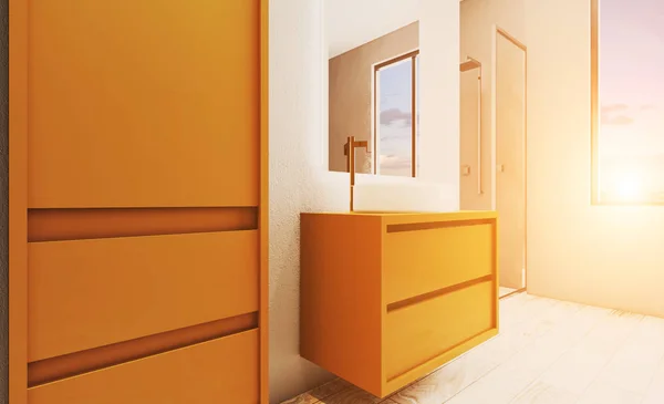 Bright new bathroom interior. 3D rendering.. Sunset