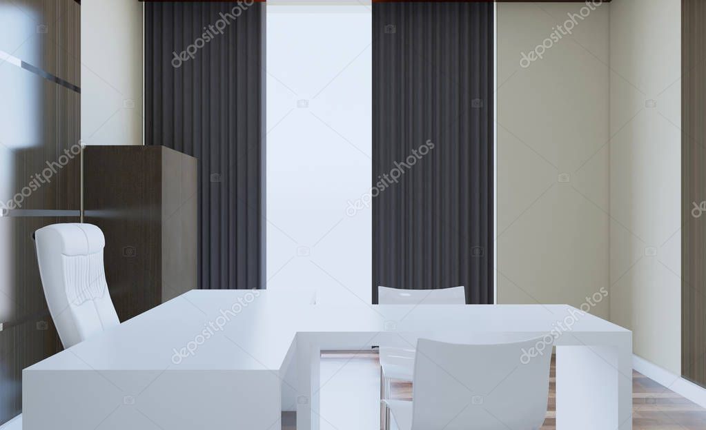Front view of an office interior with a row of dark wood tables. 3D rendering.