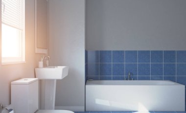 Modern banyo büyük pencere ile. 3D render., gün batımı.