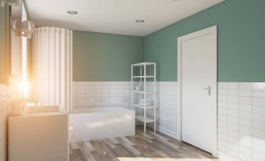 Modern banyo büyük pencere ile. 3D render... Işıklar penceresinde.