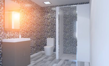 Banyo iç küvet. 3D render. Günbatımı.