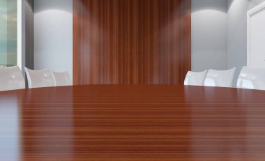 Ahşap masa konferans salonu. 3D render.