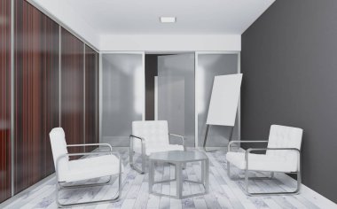 Açık alan ofis iç konferans odası gibi. Mockup. 3D render.