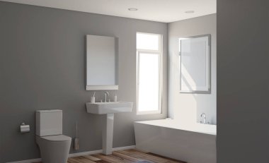 Modern banyo büyük pencere ile. 3D render. Boş resim.