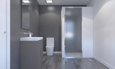 Geniş bir banyo, ısıtmalı zemini ve serbest küveti var. 3B görüntüleme.