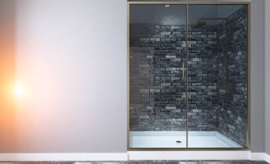 Modern boş banyo. 3D render. Günbatımı