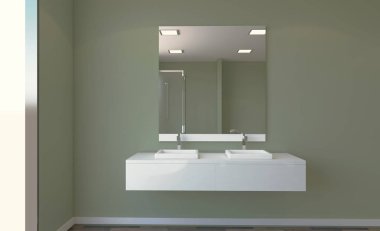 Doğal ışığı olan temiz ve taze bir banyo. 3B görüntüleme.