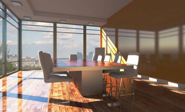 Günbatımı açık alan ofis iç konferans odası gibi. Mockup. 3D render.
