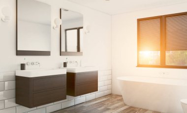 Modern banyo büyük pencere ile. 3D render. Günbatımı