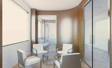 Açık alan ofis iç konferans odası gibi. Mockup. 3D render.