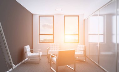 Ahşap masa konferans salonu. 3D render. Günbatımı