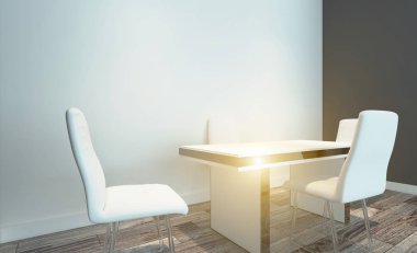 Ahşap masa konferans salonu. 3D render... Günbatımı