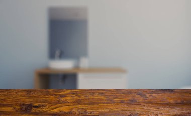 boş ahşap masa. Döşeme. Geniş banyo ısıtmalı, duran küvet ile gri tonlarında. 3D render.