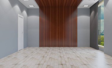 Ahşap masa konferans salonu. 3D render.