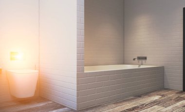 Gün batımı. Geniş banyo, temiz, güzel, lüks, parlak oda. 3D render.