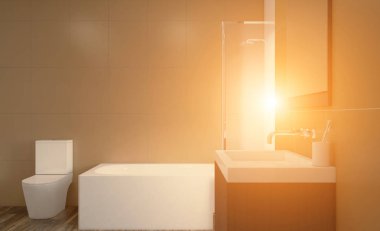 Geniş banyo ısıtmalı, duran küvet ile gri tonlarında. 3D render. Güneş