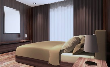 Modern gri yatak odası iç. 3D render boş resim sergisi