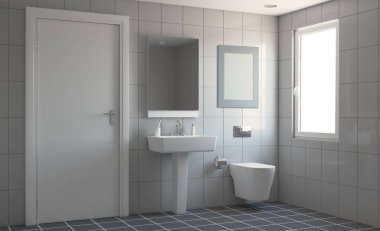 Modern banyo büyük pencere ile. 3D render. Boş resim.