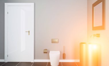 Geniş banyo, temiz, güzel, lüks, parlak oda. 3D render. Günbatımı