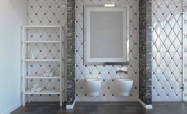 İskandinav banyo, Klasik vintage iç tasarım. 3D render. Boş resim sergisi