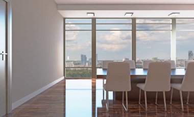 Ahşap masa konferans salonu. 3D render.