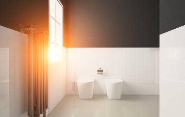 İskandinav banyo, Klasik vintage iç tasarım. 3D render. Günbatımı.