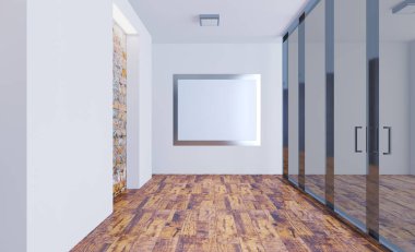 3D render. 3D render. İş Merkezi. Bir modern boş ofis panoramik bir pencere arka plan üzerinde büyük cam bölmeler. Toplantı odası. Boş resim sergisi. Mockup.