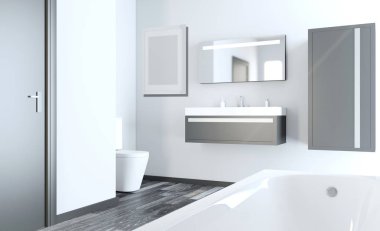 Modern banyo banyo ve lavabo dahil olmak üzere. 3D render. Boş resim