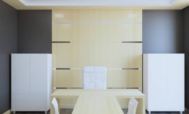 Koyu ahşap tablolar bir sıra ile bir ofis iç önden görünümü. 3D render.
