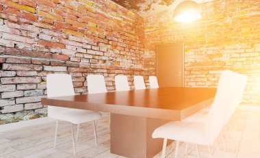 Tuğla duvar. Modern toplantı odası. 3D render... Günbatımı
